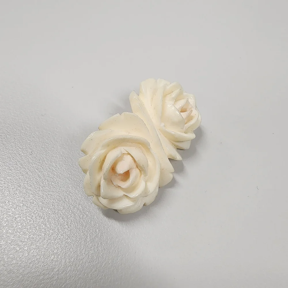 Vintage Carved Rose Brooch Creamy Off-White Double Flower Floral Pin Victorian